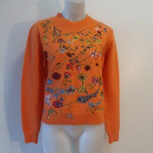 NWT Womens Tina Demel Orange Floral Embroidered Sweater L *